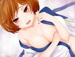 Rule 34 | 1girl, bare shoulders, blush, borrowed clothes, breast hold, breasts, brown eyes, brown hair, cleavage, coat, cosplay, covering privates, covering breasts, jirou (asami0512jump), kaito (cosplay), kaito (vocaloid), large breasts, looking at viewer, meiko (vocaloid), nail polish, open clothes, open mouth, short hair, solo, vocaloid
