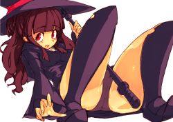 Rule 34 | 10s, 1girl, black panties, boots, breasts, brown hair, covered erect nipples, dress, hat, kagari atsuko, little witch academia, long hair, lying, on back, open mouth, panties, partially visible vulva, red eyes, simple background, smile, solo, staff, underwear, wasr, white background, witch, witch hat