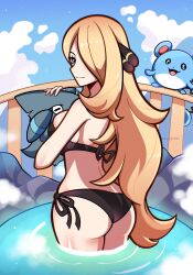 Rule 34 | 1girl, absurdres, artist name, ass, bikini, black bikini, blonde hair, blue eyes, blue sky, breasts, closed mouth, cloud, creatures (company), cynthia (pokemon), game freak, gen 2 pokemon, gen 4 pokemon, gible, hair ornament, hair over one eye, highres, holding, in water, large breasts, long hair, looking at viewer, looking back, marill, nintendo, onsen, outdoors, pokemon, pokemon (creature), pokemon dppt, side-tie bikini bottom, sky, standing, steam, swimsuit, touyarokii, twitter username, water