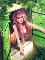 Rule 34 | 1girl, :d, breasts, censored, convenient censoring, fangs, green eyes, hair censor, hair over breasts, large breasts, leaf, long hair, nude, open mouth, original, pink hair, piyo, smile, solo, window