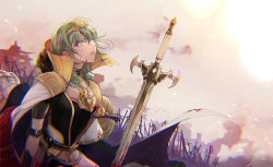 Rule 34 | 1girl, blood, bloody weapon, byleth (female) (fire emblem), byleth (fire emblem), dagger, fire emblem, fire emblem: three houses, green eyes, green hair, knife, medium hair, nintendo, official alternate costume, parted lips, petals, sheath, sheathed, shinsuke (moccori), solo, solo focus, sword, tearing up, tiara, upper body, weapon