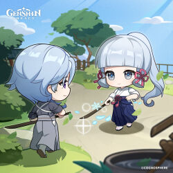 Rule 34 | 1boy, 1girl, absurdres, ayaka (genshin impact), blue hair, blue hakama, blue pupils, blue sky, blunt bangs, blurry, blurry foreground, brother and sister, chibi, closed mouth, cloud, commentary, copyright name, day, english commentary, falling leaves, from behind, genshin impact, grey eyes, grey hakama, hair ornament, hakama, high ponytail, highres, holding, holding sword, holding weapon, japanese clothes, kamisato ayato, leaf, light blue hair, long hair, mole, mole under eye, official art, outdoors, purple eyes, sandals, siblings, sky, socks, standing, sword, tassel, tree, weapon, white socks, wooden sword