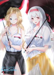 Rule 34 | 2girls, :d, ;), absurdres, alternate costume, black skirt, blonde hair, blue eyes, breast pocket, breasts, brown eyes, cleavage, copyright name, cowboy shot, gr, hairband, highres, holding, holding umbrella, hornet (kancolle), kantai collection, large breasts, long hair, looking at viewer, multiple girls, muneate, one eye closed, open mouth, pencil skirt, pocket, red hairband, shamo (ptwmjgda), shirt, shoukaku (kancolle), simple background, skirt, sleeveless, sleeveless shirt, smile, tied shirt, umbrella, white background, white hair, white shirt, yellow skirt
