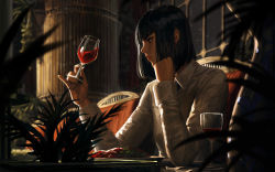 Rule 34 | 1girl, alcohol, black hair, blurry, blurry background, blurry foreground, chair, collared shirt, commentary, cup, depth of field, drinking glass, food, from side, guweiz, hands up, highres, holding, holding cup, long sleeves, looking away, on chair, original, plate, profile, shirt, sitting, solo, symbol-only commentary, table, thick eyebrows, upper body, white shirt, wine, wine glass