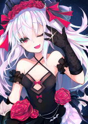 Rule 34 | 1girl, ;d, azur lane, bare shoulders, black dress, black gloves, bow, breasts, collarbone, commentary request, criss-cross halter, dress, elbow gloves, fang, flower, glint, gloves, hair between eyes, hair bow, hair flower, hair ornament, halterneck, hand up, highres, jewelry, long hair, one eye closed, open mouth, otogi kyouka, red bow, red dress, red eyes, ring, silver hair, small breasts, smile, solo, vampire (azur lane), very long hair