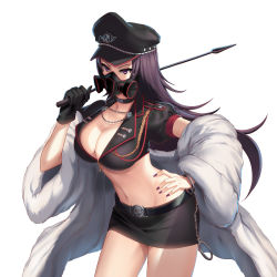 1girl aiguillette bad_id bad_pixiv_id belt black_hair black_legwear breasts chain choker cleavage coat female_focus fur_coat gas_mask gloves hand_on_own_hip hat jewelry large_breasts leaning_forward long_hair looking_at_viewer mask midriff miniskirt nail_polish navel necklace original peaked_cap pencil_skirt pink_eyes purple_eyes purple_hair puuzaki_puuna short_sleeves simple_background skirt solo ten_kurairakon_teikoku-gun tenkuu_no_craft_fleet thighs white_background