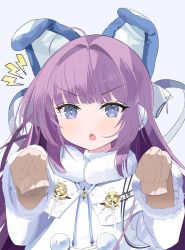 Rule 34 | &gt;:o, 1girl, absurdres, ahoge, animal ears, azur lane, blue background, blue eyes, blush, coat, commentary request, fake animal ears, fang, highres, long hair, looking at viewer, nochan nel, pom pom (clothes), purple hair, ribbed sweater, simple background, sleeves past wrists, solo, sweater, tashkent (azur lane), upper body, v-shaped eyebrows, white coat