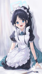 Rule 34 | &lt;key&gt; (robot) (blue archive), 1girl, :d, absurdres, apron, aqua ribbon, aris (blue archive), aris (maid) (blue archive), black dress, black hair, black wristband, blue archive, blue eyes, blue hair, blue halo, collared dress, commentary, curtains, dress, frilled apron, frills, gradient hair, halo, highres, indoors, long hair, looking at viewer, maid, maid apron, maid headdress, mansu (user pnmp4287), multicolored hair, neck ribbon, official alternate costume, on floor, open mouth, ponytail, puffy short sleeves, puffy sleeves, ribbon, shadow, short sleeves, sitting, smile, solo, teeth, tile floor, tiles, upper teeth only, very long hair, white apron