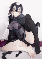 Rule 34 | 1girl, armor, barefoot, batatata77, cape, clothes lift, fate/grand order, fate (series), feet, frown, fur trim, gauntlets, gloves, headpiece, highres, jeanne d&#039;arc (fate), jeanne d&#039;arc alter (avenger) (fate), jeanne d&#039;arc alter (fate), looking at viewer, no shoes, single thighhigh, sitting, skirt, skirt lift, soles, thighhighs, unworn thighhighs, toes, white hair, yellow eyes