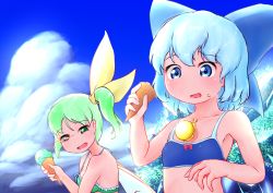 Rule 34 | 2girls, alternate costume, artist name, bare shoulders, bikini, blue bikini, blue hair, blue ribbon, blue sky, blue wings, blush, bow, bow bikini, breasts, child, cirno, cloud, collarbone, crystal, daiyousei, dated, day, fairy wings, female focus, female pervert, food, food on body, food on face, frilled bikini, frills, glint, green bikini, green eyes, green hair, hair ribbon, half-closed eyes, hand up, hands up, happy, holding, holding food, ice, ice cream, ice cream cone, ice wings, katsura dendou, looking at another, medium breasts, multiple girls, one side up, open mouth, outdoors, pervert, ribbon, short hair, sidelocks, signature, sky, small breasts, smile, swimsuit, touhou, upper body, wings, yellow ribbon