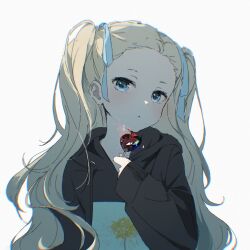Rule 34 | 1girl, :&lt;, alternate hairstyle, black hoodie, blonde hair, blue eyes, blue ribbon, blush, candy, casual, closed mouth, commentary, eyelashes, floral print, flower, food, forehead, hair ribbon, hand up, heart, heart-shaped lollipop, highres, holding, holding candy, holding food, holding lollipop, hood, hood down, hoodie, kurumi (lycoris recoil), lollipop, long hair, looking at viewer, lycoris recoil, nujii, ribbon, shaped lollipop, shirt, sidelighting, simple background, sleeves past wrists, solo, spider lily, two side up, upper body, very long hair, yellow flower, yellow spider lily