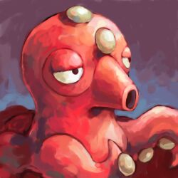 Rule 34 | black eyes, blue background, commentary, creatures (company), english commentary, game freak, gen 2 pokemon, half-closed eyes, multicolored background, nintendo, no humans, octillery, octopus, pokemon, pokemon (creature), purple background, sailorclef, solo, tentacles