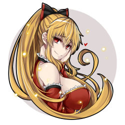 Rule 34 | 1girl, bare shoulders, black bow, blonde hair, bow, breasts, detached sleeves, dress, granblue fantasy, hair bow, heart, large breasts, long hair, looking at viewer, looking back, red dress, red eyes, red sleeves, sanmoto gorouzaemon, smile, solo, upper body, vira (granblue fantasy)