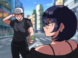 Rule 34 | 1boy, 1girl, banknote, bare shoulders, baseball cap, black hair, black jacket, black pants, black shirt, blurry, blurry background, blush, closed mouth, embarrassed, expressionless, glasses, hat, highres, holding, holding money, jacket, looking at another, money, nervous smile, original, pants, prostitution, shirt, short hair, smile, sweatdrop, tank top, tina fate