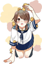 Rule 34 | 10s, 1girl, bird, blouse, blunt bangs, brown eyes, brown hair, chick, itomagoi, kantai collection, long hair, meme, open mouth, pleated skirt, ponytail, sailor collar, school uniform, serafuku, shirayuki (kancolle), shirt, simple background, skirt, solo, tanaka io (craftstudio), too many, too many birds, too many chicks, twintails