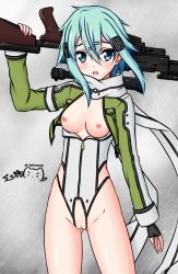 Rule 34 | 10s, 1girl, anti-materiel rifle, aqua eyes, aqua hair, artist name, black gloves, blush, bolt action, breasts, breasts out, cleft of venus, contrapposto, cowboy shot, cropped jacket, crotchless, crotchless leotard, dated, fingerless gloves, functionally nude, gloves, gun, leotard, looking at viewer, matching hair/eyes, medium breasts, no bra, open mouth, partially unzipped, pgm hecate ii, ppshex, rifle, scarf, shinon (sao), short hair, sinon, small areolae, small nipples, sniper rifle, standing, sword art online, uncensored, weapon, zipper