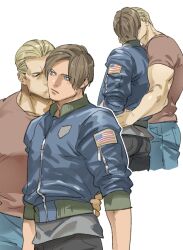 Rule 34 | 2boys, bara, black pants, blue jacket, blue pants, brown shirt, closed eyes, closed mouth, couple, curtained hair, grey shirt, jack krauser, jacket, kiss, kissing cheek, leon s. kennedy, looking at another, male focus, multiple boys, muscular, muscular male, pants, resident evil, resident evil 4, resident evil 4 (remake), shirt, simple background, tatsumi (psmhbpiuczn), white background, yaoi