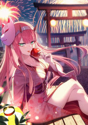 Rule 34 | 1girl, alternate costume, breasts, candy apple, cleavage, cluseller, crossed legs, darling in the franxx, fireworks, food, fox mask, green eyes, hairband, horns, japanese clothes, kimono, long hair, looking at viewer, mask, mask on head, medium breasts, multiple torii, oni horns, pink hair, red horns, sitting, solo, tongue, tongue out, torii, white hairband, yukata, zero two (darling in the franxx)