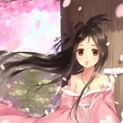 Rule 34 | 1girl, bare shoulders, black hair, blush, braid, brown eyes, closed mouth, collarbone, copyright request, day, floating hair, flower, hair ornament, highres, holding, holding flower, japanese clothes, kimono, long hair, long sleeves, maya g, mouth hold, obi, off shoulder, outdoors, parted bangs, petals, pink flower, pink kimono, ponytail, rope, sash, shide, shimenawa, sleeves past wrists, solo, upper body, very long hair, white flower, wide sleeves