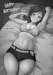 Rule 34 | 1girl, artist name, artist request, bare shoulders, bed, belt, bikini, bikini top only, blush, breasts, character name, collarbone, dated, female focus, greyscale, hair between eyes, half-closed eyes, highres, indoors, looking at viewer, love live!, love live! school idol project, medium breasts, monochrome, nishikino maki, on bed, pants, parted lips, pillow, purple eyes, red hair, short hair, short shorts, shorts, solo, swimsuit, thighhighs, thighs, unsfrau, wavy hair