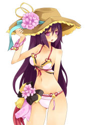 Rule 34 | 1girl, arashiya, bad id, bad pixiv id, bikini, blush, breasts, cleavage, flower, hat, hat flower, kasumi (shironeko project), long hair, looking at viewer, navel, open mouth, purple eyes, purple hair, ribbon, shironeko project, simple background, solo, standing, swimsuit, very long hair, white background