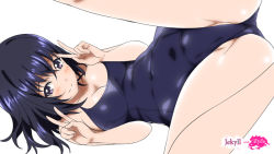 Rule 34 | 1girl, double v, looking at viewer, misumi tomoe, mizuki makoto, one-piece swimsuit, photokano, school swimsuit, simple background, solo, spread legs, swimsuit, v, white background