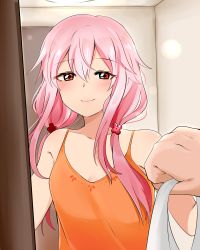 Rule 34 | 1girl, absurdres, bare shoulders, breasts, casual, guilty crown, hair ornament, highres, long hair, looking at viewer, pencilanon, pink hair, pov, red eyes, smile, solo focus, third-party source, twintails, yuzuriha inori
