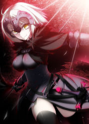 Rule 34 | 1girl, absurdres, armor, armored dress, black dress, black thighhighs, breasts, breasts apart, dress, fate (series), highres, holding, holding weapon, jeanne d&#039;arc (fate), jeanne d&#039;arc alter (avenger) (fate), jeanne d&#039;arc alter (avenger) (first ascension) (fate), jeanne d&#039;arc alter (fate), looking at viewer, medium breasts, sheath, sheathed, shiny clothes, short hair, silver hair, smile, solo, suzuri (tennenseki), sword, thighhighs, weapon, yellow eyes