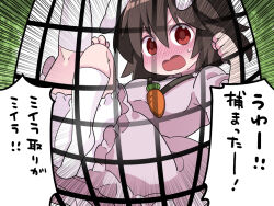 Rule 34 | 1girl, animal ears, blush, breasts, brown hair, carrot necklace, caught, commentary request, dress, emphasis lines, floppy ears, foot out of frame, green background, hair between eyes, hammer (sunset beach), inaba tewi, jewelry, kneehighs, looking at viewer, necklace, net, nose blush, open mouth, pink dress, puffy short sleeves, puffy sleeves, rabbit ears, rabbit girl, red eyes, short hair, short sleeves, small breasts, socks, solo, touhou, translated, white socks