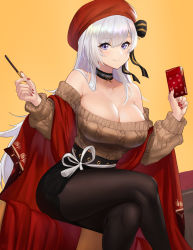 Rule 34 | 1girl, aran sweater, artnohearts, azur lane, bare shoulders, belfast (azur lane), belfast (shopping with the head maid) (azur lane), beret, black bow, black choker, black pantyhose, black skirt, blush, bow, breasts, brown sweater, cable knit, choker, cleavage, closed mouth, collarbone, commentary request, crossed legs, feet out of frame, food, hat, hat bow, holding, holding food, large breasts, long hair, looking at viewer, nail polish, off-shoulder sweater, off shoulder, orange background, pantyhose, pencil skirt, red hat, red nails, ribbon, side slit, sidelocks, silver hair, simple background, sitting, skirt, smile, solo, sweater, tassel, thighs, very long hair, white ribbon