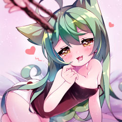 Rule 34 | 1girl, :d, akashi (azur lane), all fours, animal ears, azur lane, bare arms, bare shoulders, bed sheet, black camisole, blurry, blurry foreground, blush, breasts, camisole, cat ears, collarbone, commentary request, depth of field, fang, green eyes, hair between eyes, hand up, head tilt, heart, heart-shaped pupils, holding, long hair, no pants, open mouth, panties, pikomarie, small breasts, smile, solo focus, strap slip, symbol-shaped pupils, underwear, very long hair, white panties, yellow eyes