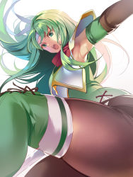 Rule 34 | 1girl, armor, armpits, boots, breastplate, brown thighhighs, cross-laced footwear, elbow gloves, fire emblem, fire emblem: mystery of the emblem, fire emblem heroes, gloves, green eyes, green footwear, green hair, headband, highres, long hair, looking at viewer, mg kurino, nintendo, outstretched arm, palla (fire emblem), pantyhose, shoulder pads, solo, thighhighs