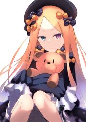Rule 34 | 1girl, abigail williams (fate), blonde hair, bow, dress, fate/grand order, fate (series), goma0616, green eyes, hair bow, hat, heterochromia, highres, long sleeves, looking at viewer, polka dot, polka dot bow, red eyes, simple background, sitting, solo, stuffed animal, stuffed toy, teddy bear, underwear, white background