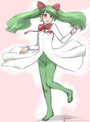 Rule 34 | 1girl, bow, creatures (company), dress, game freak, gen 3 pokemon, green hair, green pantyhose, hair ornament, kirlia, nintendo, pantyhose, personification, pokemon, red eyes, roarke (lavenderincubus), solo, spinning, standing, standing on one leg, twintails
