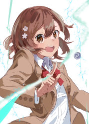 Rule 34 | 1girl, :d, action, bow, bowtie, brown eyes, brown hair, brown jacket, coin, collared shirt, cowboy shot, electricity, electrokinesis, psychic, fantasy, female focus, finger gun, flower, from side, hair between eyes, hair flower, hair ornament, hand up, highres, jacket, light blush, long sleeves, looking at viewer, looking to the side, misaka mikoto, mwzika, open mouth, psychic, red bow, red bowtie, school uniform, science fiction, shirt, short hair, simple background, smile, solo, t-shirt, teeth, toaru kagaku no railgun, toaru majutsu no index, tokiwadai school uniform, tongue, uniform, upper body, upper teeth only, white background, white shirt