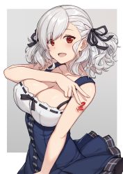 Rule 34 | 1girl, absurdres, blush, breasts, cleavage, commentary, dress, girls&#039; frontline, grey background, hair ribbon, highres, large breasts, long hair, looking at viewer, open mouth, red eyes, ribbon, ribbon trim, silver hair, simple background, smile, solo, spas-12 (girls&#039; frontline), tattoo, terras, v