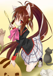 Rule 34 | 1girl, animal ears, bad id, bad pixiv id, bow, brown hair, cat, cat ears, cat teaser, doruji, lennon, little busters!, long hair, natsume rin, pink bow, ponytail, red eyes, school uniform, shie (m417), tail