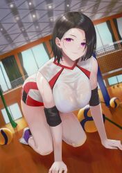 Rule 34 | 1girl, all fours, ball, black hair, blush, bra, bra visible through clothes, breasts, closed mouth, commentary request, day, dutch angle, elbow sleeve, gym, highres, indoors, large breasts, looking at viewer, on floor, original, purple eyes, red shorts, rushian, shirt, shoes, short hair, shorts, sleeveless, sleeveless shirt, smile, solo, sportswear, sweat, underwear, uniform, volleyball (object), volleyball net, volleyball uniform, wet, wet clothes, wet shirt, white bra, white shirt
