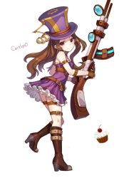 Rule 34 | 1girl, blush, boots, breasts, brown hair, caitlyn (league of legends), cleavage, cupcake, fingerless gloves, gloves, gun, hat, league of legends, long hair, momoko (momopoco), rifle, solo, thigh strap, weapon