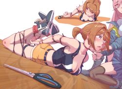 Rule 34 | 2girls, asphyxiation, bdsm, blue footwear, bondage, bound, breasts, cable tie, commission, full body, girls&#039; frontline, grizzly mkv (girls&#039; frontline), grizzly mkv (weekend cop) (girls&#039; frontline), hair ornament, hair scrunchie, highres, imagining, lar grizzly win mag, leveen, medium breasts, multiple girls, official alternate costume, peril, purple eyes, restrained, scissors, scrunchie, second-party source, short hair, short ponytail, short shorts, shorts, sig mcx (girls&#039; frontline), skindentation, tank top, thigh strap, v-shaped eyebrows, yellow shorts