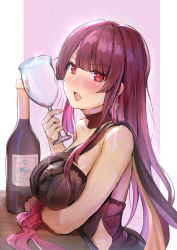 Rule 34 | 1girl, black dress, blush, bottle, breast rest, breasts, commentary, cup, dress, earrings, elbow rest, girls&#039; frontline, glint, head tilt, himonoata, holding, holding cup, jewelry, large breasts, long hair, looking at viewer, official alternate costume, open mouth, outside border, purple hair, red eyes, ribbon, sidelocks, single strap, sitting, solo, very long hair, wa2000 (ballroom interlude) (girls&#039; frontline), wa2000 (girls&#039; frontline)