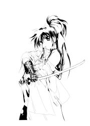 Rule 34 | 1girl, absurdres, andrea poblete, bare shoulders, bow, detached sleeves, earrings, fingerless gloves, gloves, greyscale, hair bow, highres, jewelry, katana, lace-up gloves, long hair, mitsurugi ryouko, monochrome, mouth hold, ponytail, real bout high school, simple background, solo, string in mouth, sword, tassel, thighhighs, torn clothes, torn thighhighs, vector trace, weapon, white background