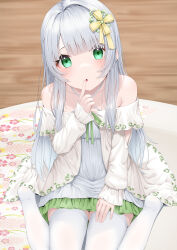 Rule 34 | 1girl, :o, absurdres, bare shoulders, collarbone, commentary request, criss-cross halter, dress, finger to mouth, frilled dress, frills, green eyes, grey dress, grey hair, halterneck, hand up, hashiko nowoto, head tilt, highres, jacket, long hair, long sleeves, looking at viewer, no shoes, off-shoulder jacket, off shoulder, original, parted lips, puffy long sleeves, puffy sleeves, sitting, sleeves past wrists, solo, thighhighs, very long hair, wariza, white jacket, white thighhighs, wooden floor