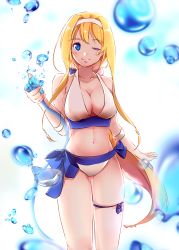 Rule 34 | 1girl, alice zuberg, bad id, bad pixiv id, bikini, blonde hair, blue eyes, blue ribbon, blush, breasts, cleavage, commentary request, hairband, highres, large breasts, leg ribbon, long hair, navel, one eye closed, ponytail, ribbon, shi-2, solo, swimsuit, sword art online, sword art online: alicization, thigh ribbon, very long hair, water, white bikini, white hairband