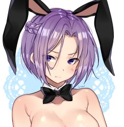 Rule 34 | animal ears, artist name, bad id, bad pixiv id, bare shoulders, black bow, black bowtie, blue eyes, blush, bow, bowtie, braid, breasts, cleavage, closed mouth, collar, collarbone, commentary request, detached collar, doily, goyain, highres, jun (princess connect!), kemonomimi mode, medium breasts, parted bangs, princess connect!, purple hair, rabbit ears, short hair, signature, solo, upper body, white background, white collar, wing collar