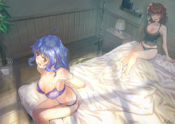 Rule 34 | 2girls, alchemist (ragnarok online), bed, black camisole, black panties, blue hair, blunt bangs, blush, book, bra, breasts, brown hair, camisole, chest of drawers, cleavage, commentary request, egnigem cenia, feet out of frame, full body, highres, indoors, lamp, large breasts, long hair, multiple girls, on bed, open mouth, panties, pillow, plant, potted plant, purple bra, ragnarok masters, ragnarok online, reihou19, signature, sitting, sleepy, swordsman (ragnarok online), underwear, underwear only, wooden floor, yellow eyes, yuri