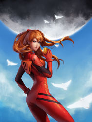 Rule 34 | 1girl, apple, ass, blue eyes, bodysuit, food, from behind, fruit, full moon, hairpods, highres, interface headset, long hair, mass production eva, moon, neon genesis evangelion, plugsuit, realistic, solo, souryuu asuka langley, two side up, unodu