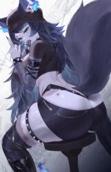 Rule 34 | 1girl, absurdres, animal ear fluff, animal ears, ass, black hat, blue eyes, blue flames, blue hair, blue skin, breasts, butt crack, candy, cerberus, chair, colored skin, fire, food, hat, hellhound, highres, indie virtual youtuber, large breasts, lollipop, solo, spikes, spite (vtuber), spite (vtuber) (3rd costume), tail, tattoo, virtual youtuber, wolf ears, wolf girl, wolf tail