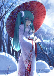 Rule 34 | 1girl, :o, absurdres, aqua eyes, aqua hair, baisi shaonian, floral print, hatsune miku, highres, holding, japanese clothes, kimono, long hair, looking at viewer, oil-paper umbrella, omamori, outdoors, scenery, sky, snow, solo, tree, umbrella, vocaloid, wide sleeves