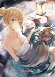 Rule 34 | 1girl, bare shoulders, bathing, blonde hair, blue eyes, blush, breasts, breath, bucket, cleavage, collarbone, creature, double bun, hair bun, head tilt, highres, jewelry, lantern, looking at viewer, medium breasts, miakiuehashi, naked towel, necklace, onsen, original, outdoors, parted lips, partially submerged, short hair, sitting, snow, solo, towel, water, winter, wooden bucket